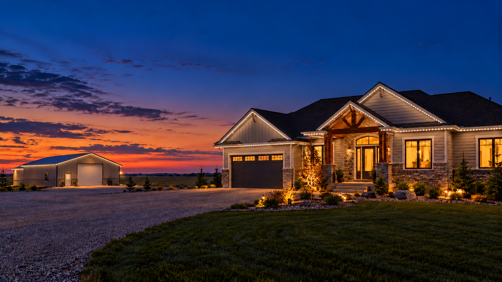 Illustration of a prairie home with warm white roofline lights at dusk
